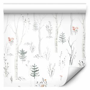 Tappezzerie Foresta giovane - abeti e betulle su sfondo bianco
