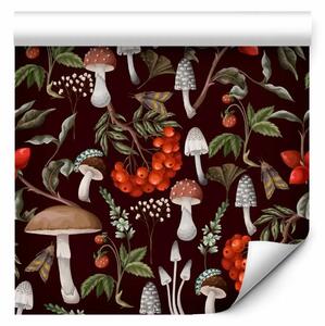 Tappezzerie Frutti del bosco - illustrazione di funghi, sorbi e fragoline su sfondo nero