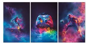 Quadro su tela Scontro energetico - calciatori circondati da energia luminosa e un controller con effetti neon