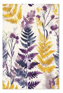 Quadro moderno Gioco di colori - felci gialle e viola in una composizione artistica su sfondo bianco