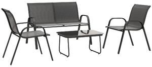 Outsunny Set da Giardino con Divano 2 Posti, 2 Poltrone Impilabili e Tavolino in Vetro, Nero