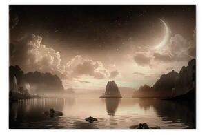 Quadro contemporaneo Paesaggio notturno - luna e lago tranquillo circondato dalle montagne