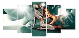 Quadro Amore azzurro - astrazione con figure in toni di oro e argento