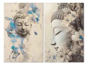 Quadro moderno Buddha e fiori - tema Zen in tonalità seppia e azzurri leggeri