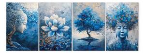 Quadro contemporaneo Natura azzurra - Buddha dell'albero e fiore bianco in un'interpretazione zen tranquilla