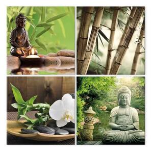 Quadro moderno Set Buddha - motivo naturale di orchidee e bambù