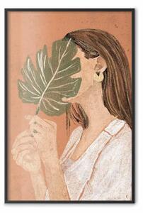 Poster: Volto nascosto - donna con foglia di monstera disegnata con pastelli a olio