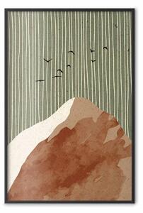 Poster: Volo nel cielo verde - montagna astratta con linee verticali e uccelli