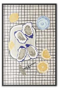 Poster: Gusto del mare - ostriche con limone su piatto decorativo con accessori
