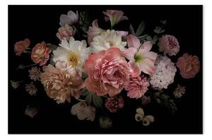 Quadro moderno Bouquet di fiori - peonie su sfondo scuro con luce barocca
