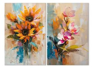 Quadro moderno Fiori colorati - girasoli e orchidee su sfondo beige