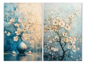 Quadro Rametti di ciliegio in fiore - delicati fiori bianchi su sfondo azzurro