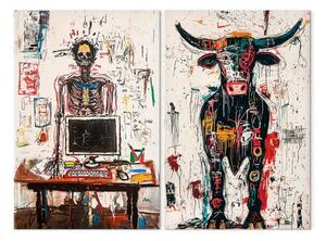 Quadro contemporaneo Schizzi astratti - scheletro con computer e toro nello stile di Basquiat