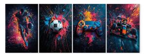 Quadro moderno Essenza dell'intrattenimento - scene colorate di calcio, corse e videogiochi