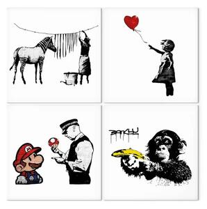 Quadro su tela Set di Banksy - graffiti iconici con elementi di surrealismo