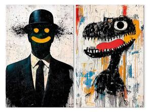Quadro Icone oscure - figura sorridente e dinosauro in stile street art