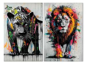 Quadro Natura selvaggia - street art con silhouette realistiche di leone e leopardo