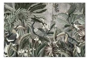 Quadro Giungla - foresta esotica e uccelli in tonalità di verde spento