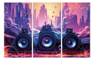 Quadro su tela Musica infuocata - tre altoparlanti su uno sfondo di una città futuristica nei toni del viola, blu navy e rosa