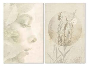 Quadro contemporaneo Donna e natura in armonia - composizione sottile di volto, foglie e erba