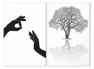 Quadro moderno Mani e albero (2 pezzi) - corpo e natura in bianco e nero
