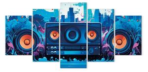 Quadro Città musicale - altoparlanti blu navy tra macchie astratte sullo sfondo di grattacieli