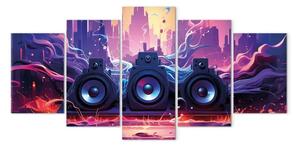Quadro moderno Città musicale - tre altoparlanti su uno sfondo di lingue di fuoco danzanti