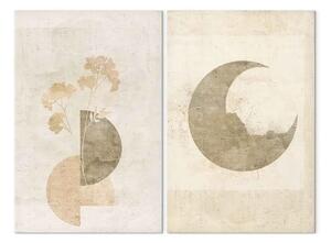 Quadro su tela Sinfonia di natura e geometria - fiori e luna nei toni pastello