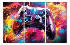 Quadro contemporaneo Gamepad infuocato - controller di gioco multicolore circondato da macchie astratte
