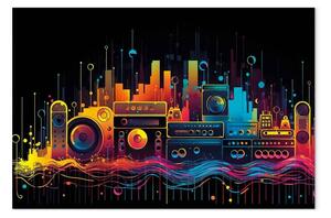 Quadro contemporaneo Città musicale - altoparlanti astratti multicolore che imitano un'area urbana