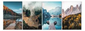 Quadro moderno Vedute montane - Dolomiti, laghi con barche e rocce tra gli alberi