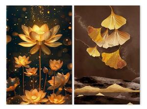 Quadro su tela Mondo incantato dell'Oriente - giglio dorato e foglie di ginkgo scintillanti