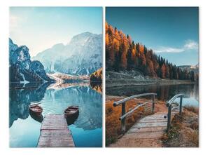 Quadro su tela Dolomiti autunnali - montagne colorate con vista su un ponticello e lago