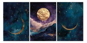 Quadro su tela Galassia dorata - stelle scintillanti e luna su uno sfondo di cielo notturno blu navy