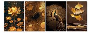 Quadro Mondo incantato dell'Oriente - pavone, fiori di loto e foglie di ginkgo in una luminosa tonalità