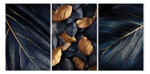 Quadro moderno Eleganza autunnale - accenti dorati su uno sfondo di foglie nere e satinate