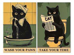Quadro contemporaneo Regole del bagno - gatto nero in scene umoristiche da bagno