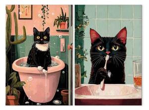 Quadro moderno Routine mattutina - divertente gatto che fa il bagno e si lava i denti al lavandino