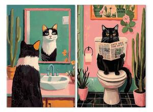 Quadro su tela Mattina da gentiluomo - scena umoristica di un gatto con uno specchio e un giornale in bagno