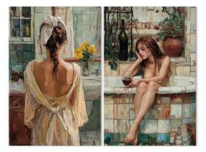 Quadro Bagno romantico - donna in un'ambientazione rilassante con un bicchiere di vino
