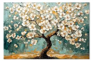 Quadro su tela Albero dei sogni - rami fioriti con fiori bianchi su sfondo turchese