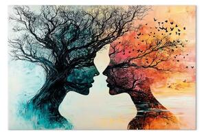 Quadro Simbiosi degli elementi - connessione artistica tra alberi, volti e uccelli