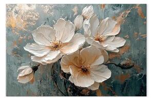 Quadro Mela bianca - piante in fiore su sfondo blu e oro
