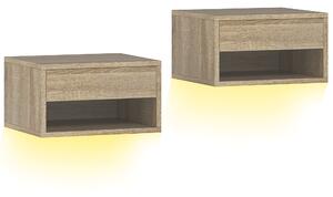 HOMCOM Set 2 Comodini Sospesi con LED RGB Integrati e Regolabili con APP, Cassetto e Ripiano, 37x32x21 cm, Color Legno | Aosom Italy