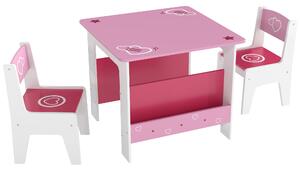 AIYAPLAY Set Tavolo con 2 Sedie per Bambini 3-8 Anni, Tavolino con Scaffale in Legno MDF con Disegni a Cuori, Rosa | Aosom Italy