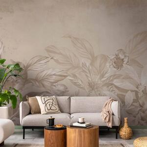 Carta da parati moderna Piante beige - motivo botanico con foglie e fiori in tonalità chiare
