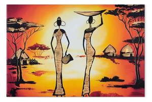 Quadro moderno Eleganza sottile - Silhouette di persone su sfondo rosso-arancio