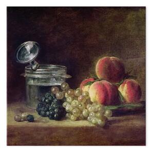 Riproduzione Jean-Baptiste-Siméon Chardin - Natura morta con cesto di pesche, uva bianca e nera con refrigeratore e bicchiere da vino
