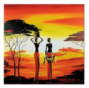 Quadro moderno Sole nascente - sagome umane su sfondo rosso-arancio