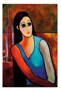 Quadro contemporaneo L’osservatrice - ritratto femminile su sfondo in tonalità rosse